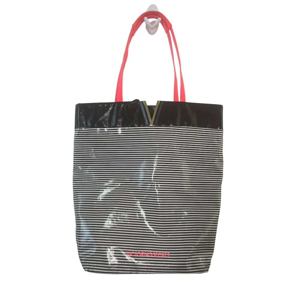 Victorias Secret Black & White‎ Striped Tote Bag With Pink Handles